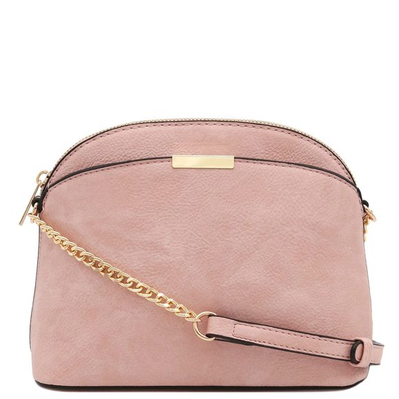 Faux Leather Solid Small Dome Crossbody Bag With Chain Strap Dusty Pink :O - Picture 1 of 7